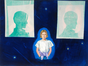 "Tomboy with Peter" (1994, oil and fabric on canvas, 16" x 20")