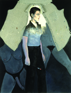 Christina Schlesinger, "Self Portrait as Romaine Brooks," 1994. Oil and fabric on canvas, 52" x 40".